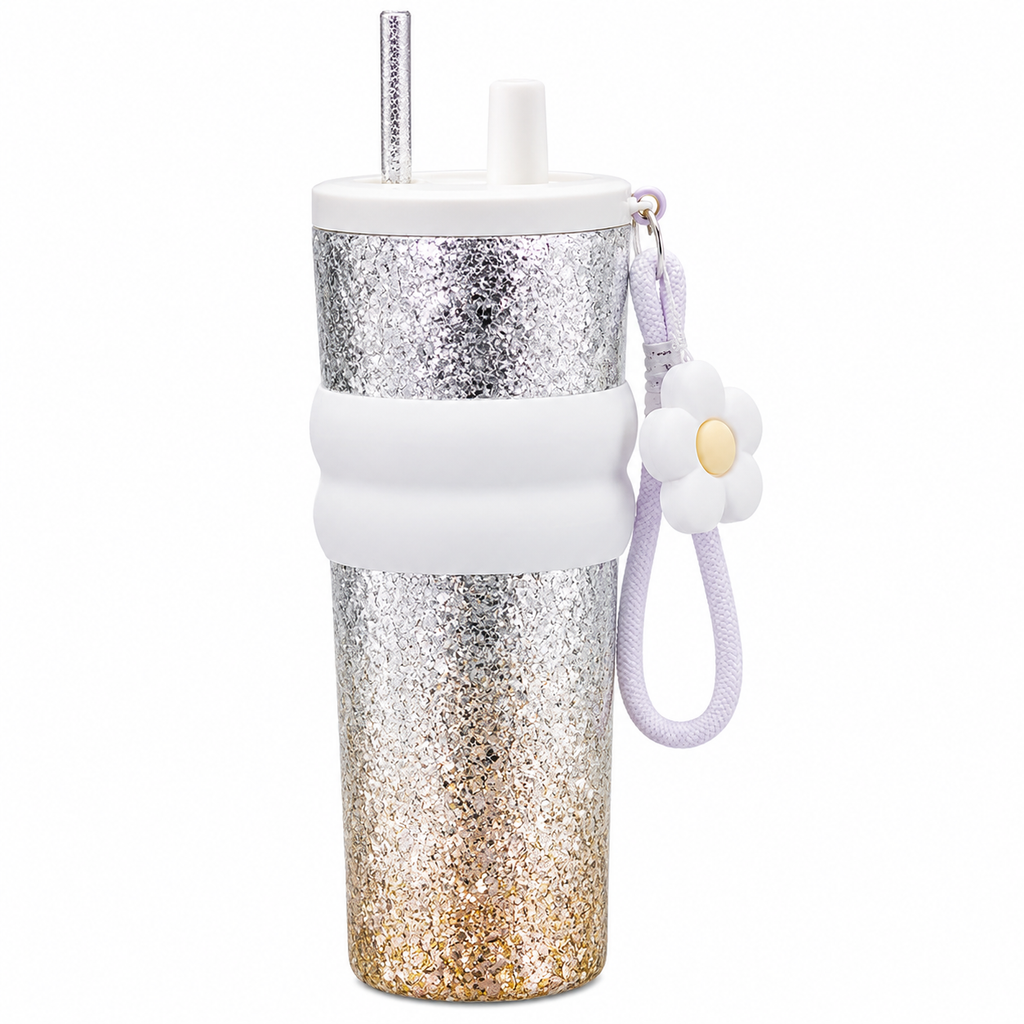 PURE Ti™ Pure Titanium Tumbler 710ml | 99.8% Pure Titanium Interior | Leakproof Vacuum Insulated Travel Mug with Straw & Tea Infuser | Premium Glitter Silver Cup for Office, College, Travel & Gifting