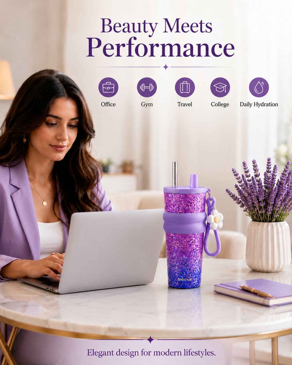 PURE Ti™ Pure Titanium Tumbler 710ml | 99.8% Pure Titanium Interior | Leakproof Vacuum Insulated Travel Mug with Straw & Tea Infuser | Premium Glitter Purple Cup for Office, College, Travel & Gifting