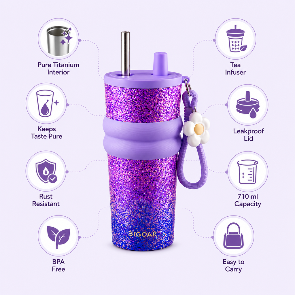 PURE Ti™ Pure Titanium Tumbler 710ml | 99.8% Pure Titanium Interior | Leakproof Vacuum Insulated Travel Mug with Straw & Tea Infuser | Premium Glitter Purple Cup for Office, College, Travel & Gifting