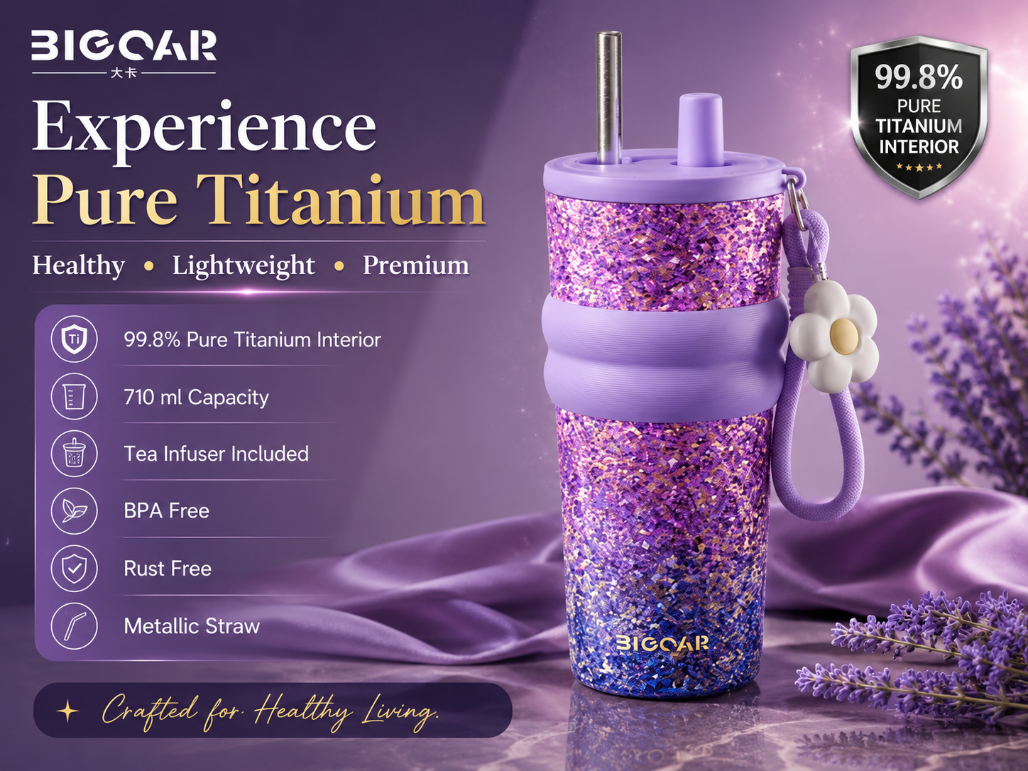 PURE Ti™ Pure Titanium Tumbler 710ml | 99.8% Pure Titanium Interior | Leakproof Vacuum Insulated Travel Mug with Straw & Tea Infuser | Premium Glitter Purple Cup for Office, College, Travel & Gifting