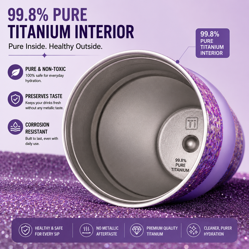 PURE Ti™ Pure Titanium Tumbler 710ml | 99.8% Pure Titanium Interior | Leakproof Vacuum Insulated Travel Mug with Straw & Tea Infuser | Premium Glitter Purple Cup for Office, College, Travel & Gifting
