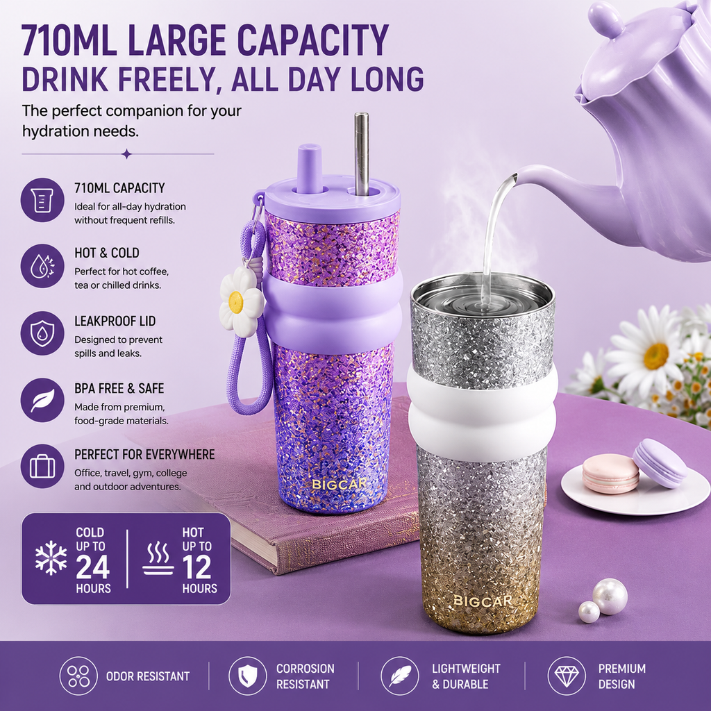 PURE Ti™ Pure Titanium Tumbler 710ml | 99.8% Pure Titanium Interior | Leakproof Vacuum Insulated Travel Mug with Straw & Tea Infuser | Premium Glitter Purple Cup for Office, College, Travel & Gifting