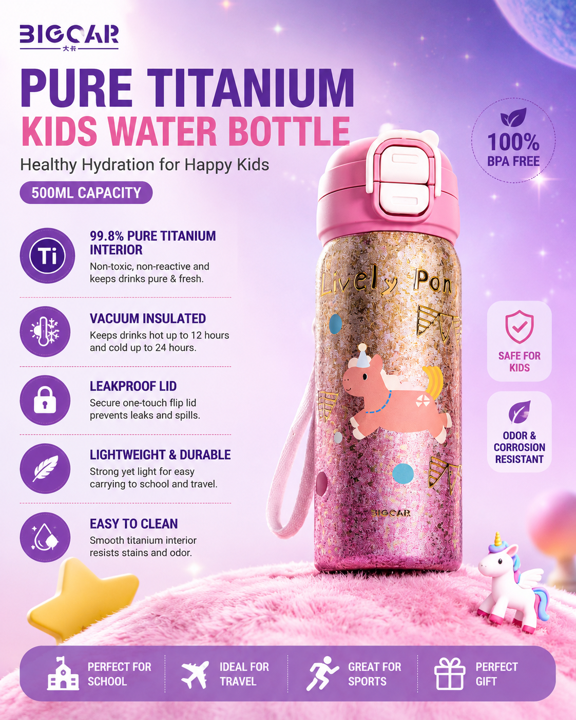 PURE Ti™ Kids Pure Titanium Water Bottle 550ml | 99.8% Pure Titanium Vacuum Insulated Flask | Leakproof Hot & Cold Thermal Bottle | Ultra-Light School/College Edition | Glitter Unicorn Design