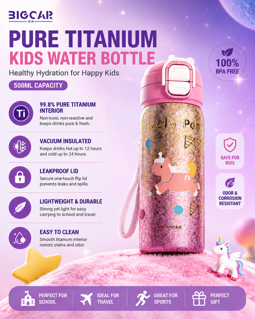 PURE Ti™ Kids Pure Titanium Water Bottle 550ml | 99.8% Pure Titanium Vacuum Insulated Flask | Leakproof Hot & Cold Thermal Bottle | Ultra-Light School/College Edition | Glitter Unicorn Design