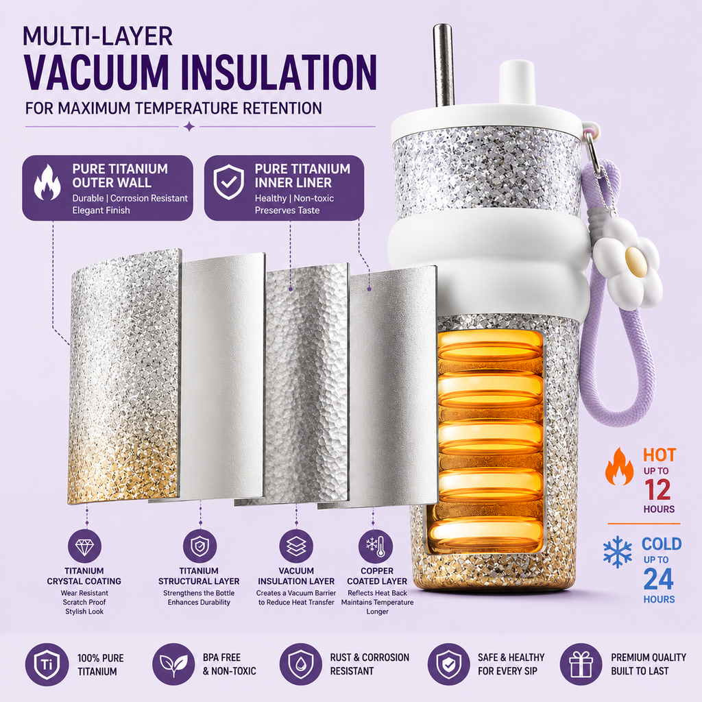 PURE Ti™ Pure Titanium Tumbler 710ml | 99.8% Pure Titanium Interior | Leakproof Vacuum Insulated Travel Mug with Straw & Tea Infuser | Premium Glitter Silver Cup for Office, College, Travel & Gifting