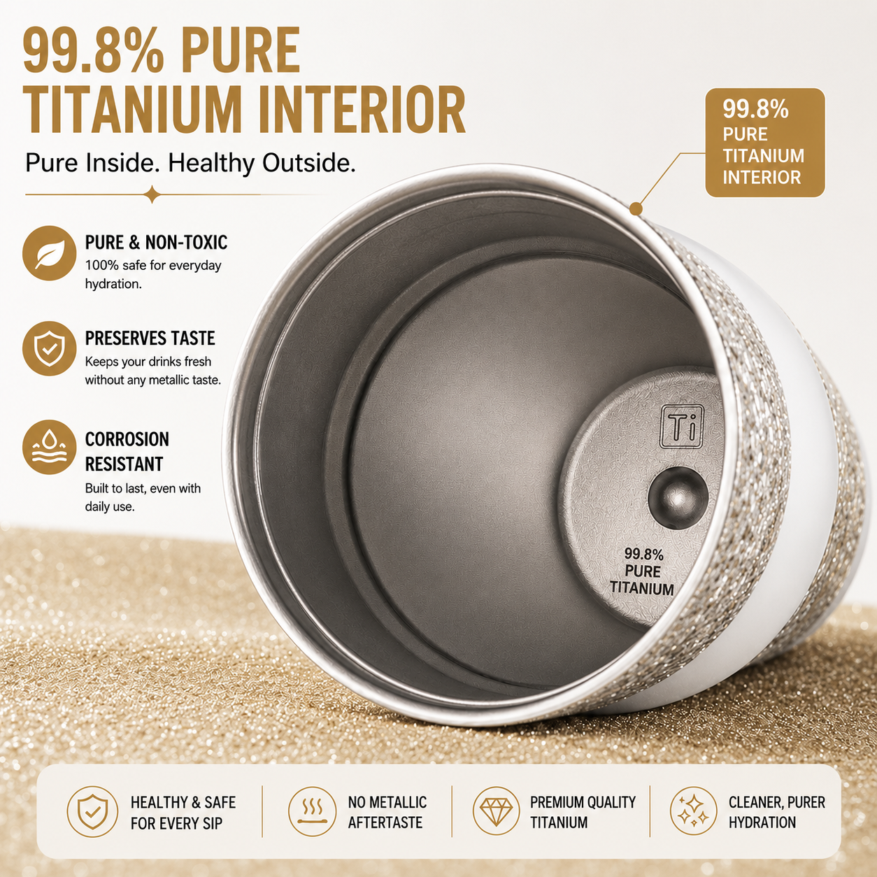 PURE Ti™ Pure Titanium Tumbler 710ml | 99.8% Pure Titanium Interior | Leakproof Vacuum Insulated Travel Mug with Straw & Tea Infuser | Premium Glitter Silver Cup for Office, College, Travel & Gifting