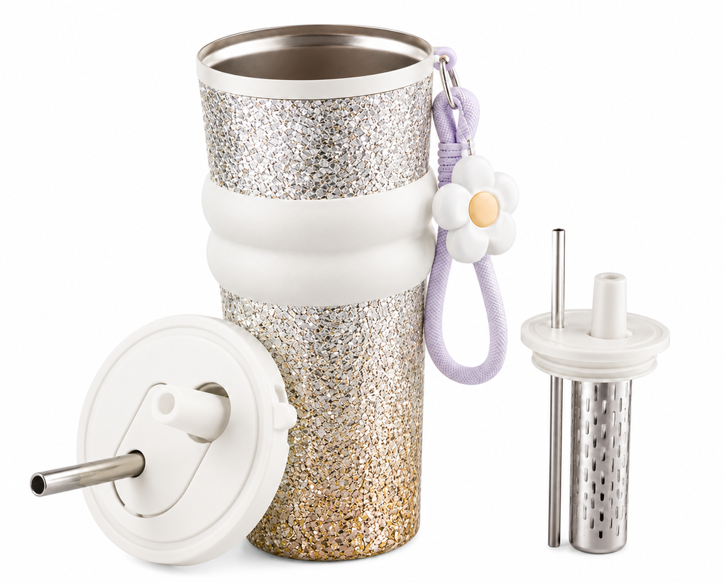 PURE Ti™ Pure Titanium Tumbler 710ml | 99.8% Pure Titanium Interior | Leakproof Vacuum Insulated Travel Mug with Straw & Tea Infuser | Premium Glitter Silver Cup for Office, College, Travel & Gifting