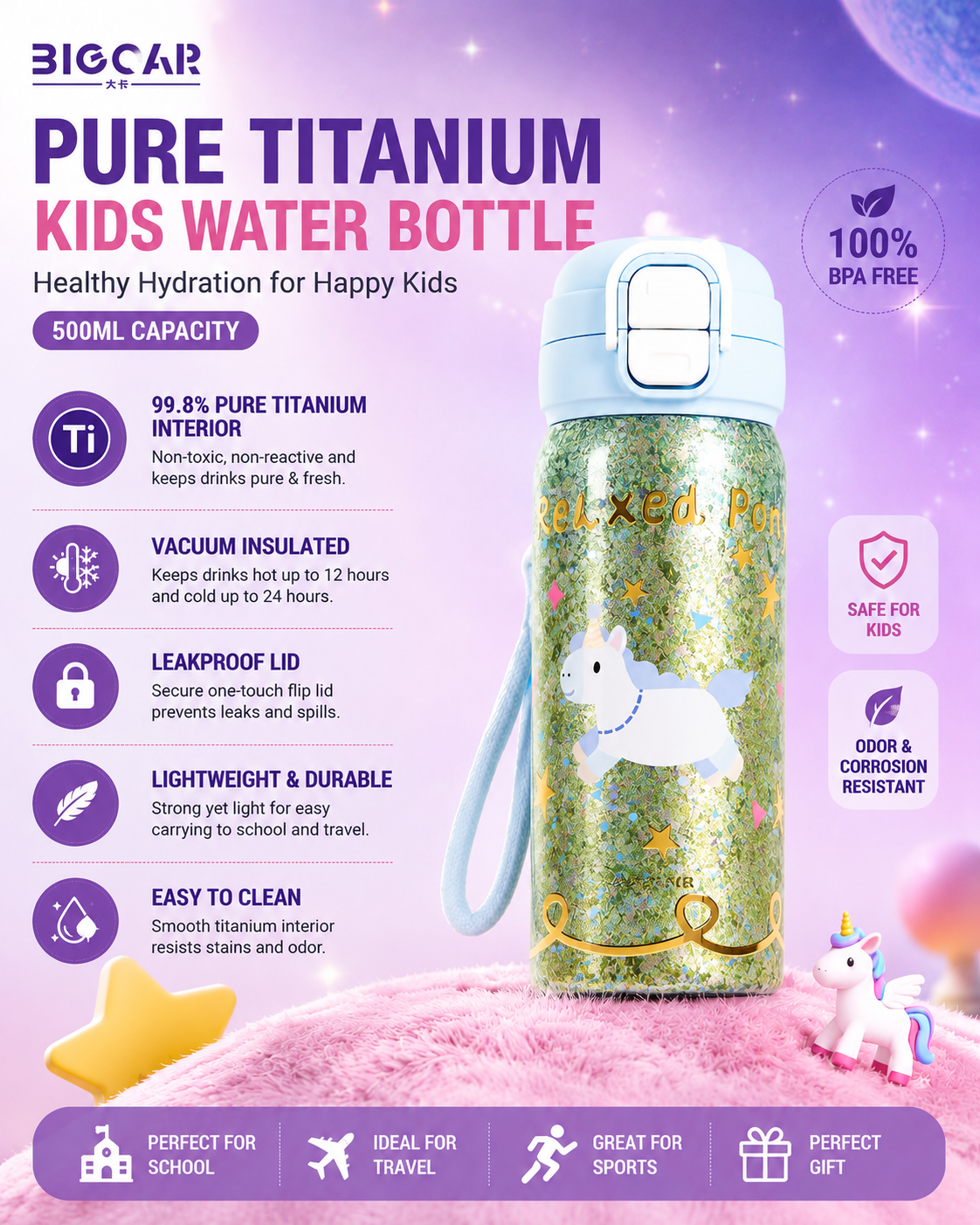PURE Ti™ Kids Pure Titanium Water Bottle 550ml | 99.8% Pure Titanium Vacuum Insulated Flask | Leakproof Hot & Cold Thermal Bottle | Ultra-Light School/College Edition | Glitter Unicorn Design