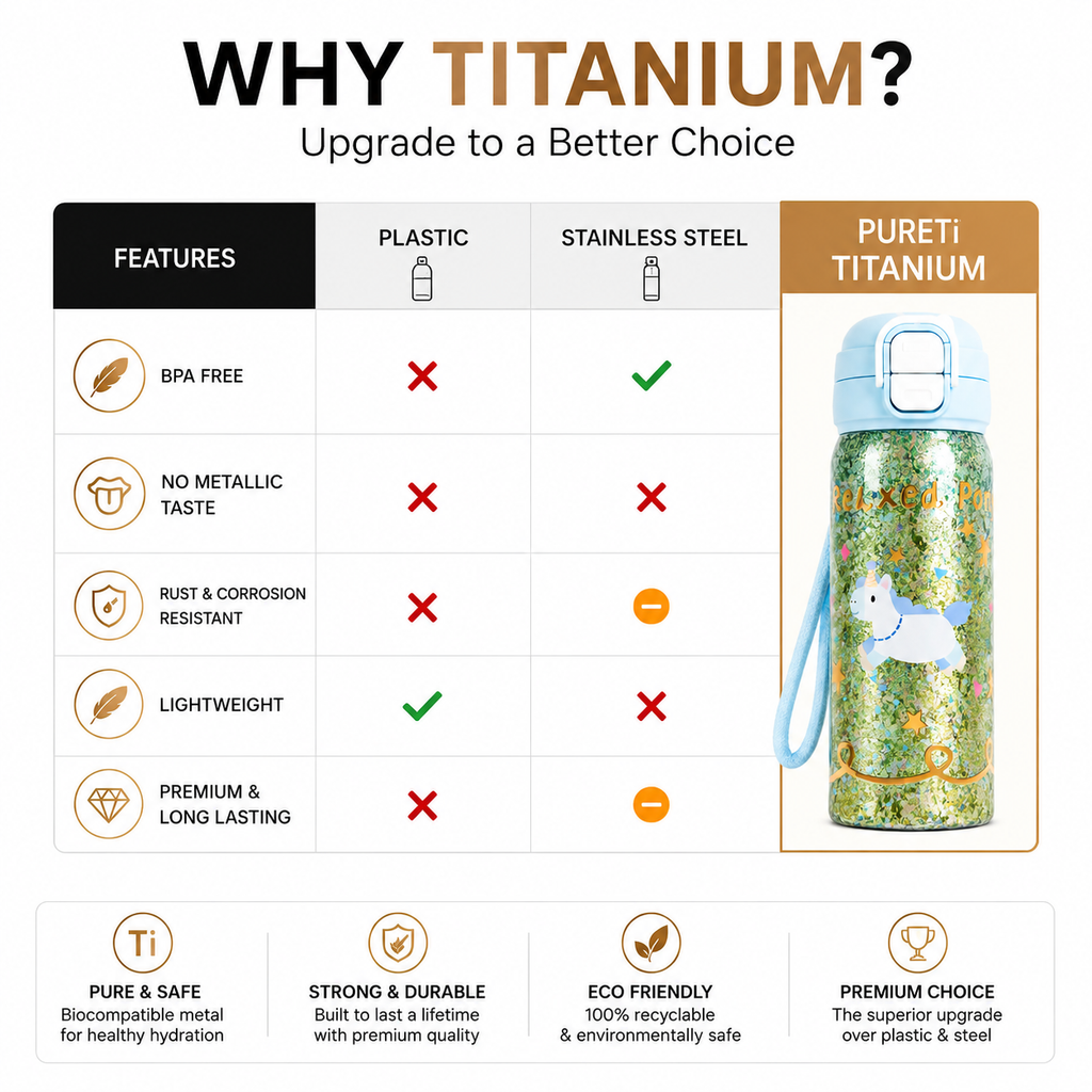 PURE Ti™ Kids Pure Titanium Water Bottle 550ml | 99.8% Pure Titanium Vacuum Insulated Flask | Leakproof Hot & Cold Thermal Bottle | Ultra-Light School/College Edition | Glitter Unicorn Design