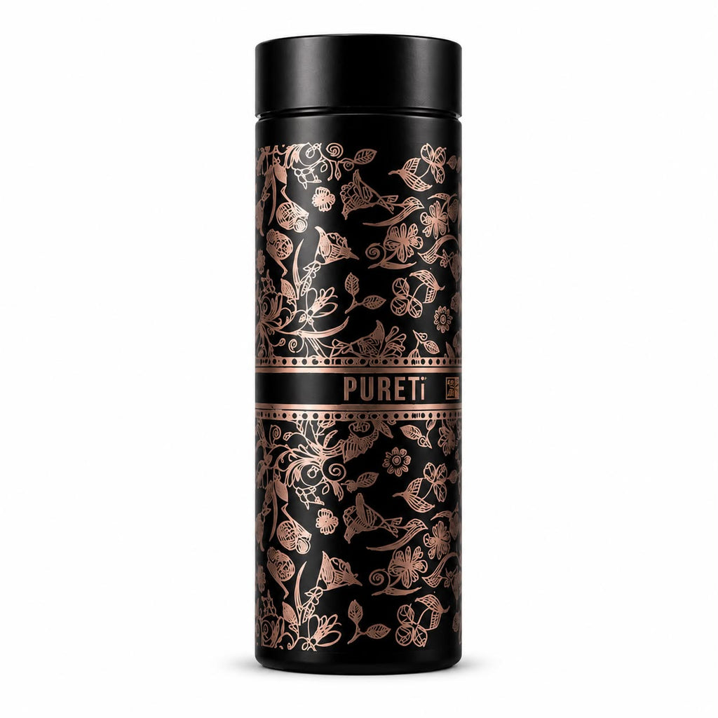 PURE Ti™ Pure Titanium Water Bottle 500ml | 99.8% Pure Titanium Vacuum Insulated Flask | Leakproof Hot & Cold Thermal Bottle | Ultra-Light Premium Gift Edition | Black Floral Design