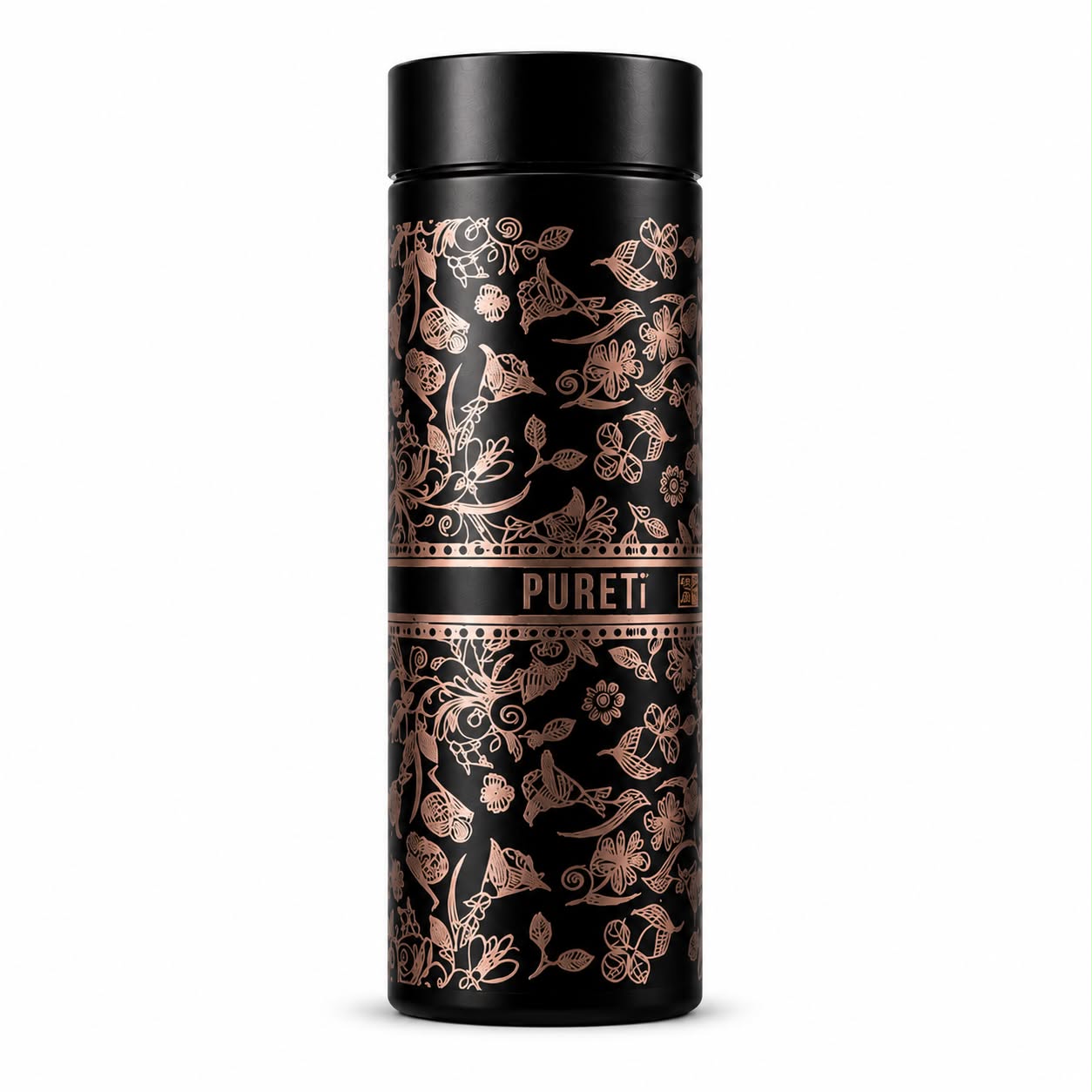 PURE Ti™ Pure Titanium Water Bottle 500ml | 99.8% Pure Titanium Vacuum Insulated Flask | Leakproof Hot & Cold Thermal Bottle | Ultra-Light Premium Gift Edition | Black Floral Design