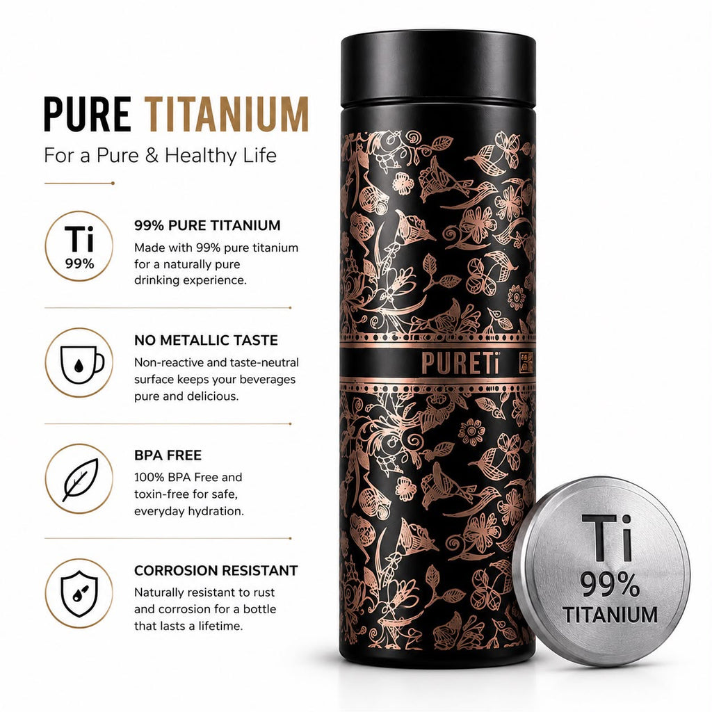 PURE Ti™ Pure Titanium Water Bottle 500ml | 99.8% Pure Titanium Vacuum Insulated Flask | Leakproof Hot & Cold Thermal Bottle | Ultra-Light Premium Gift Edition | Black Floral Design