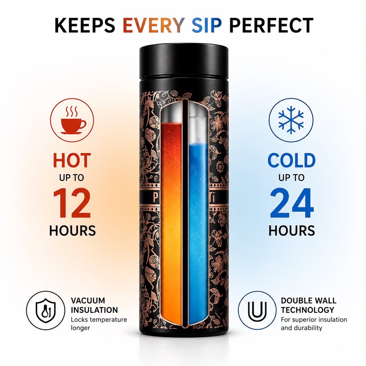 PURE Ti™ Pure Titanium Water Bottle 500ml | 99.8% Pure Titanium Vacuum Insulated Flask | Leakproof Hot & Cold Thermal Bottle | Ultra-Light Premium Gift Edition | Black Floral Design