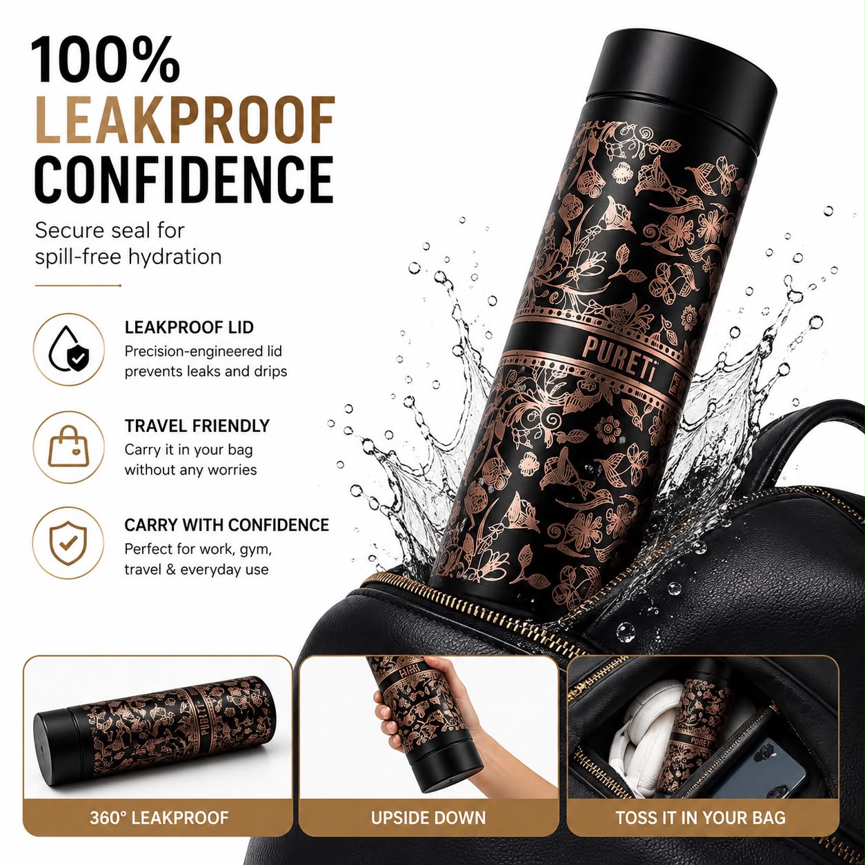 PURE Ti™ Pure Titanium Water Bottle 500ml | 99.8% Pure Titanium Vacuum Insulated Flask | Leakproof Hot & Cold Thermal Bottle | Ultra-Light Premium Gift Edition | Black Floral Design