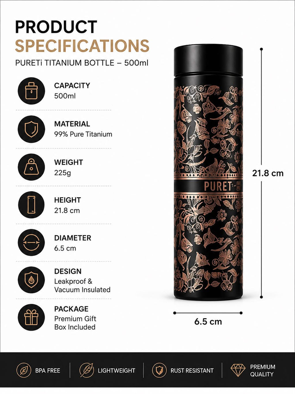PURE Ti™ Pure Titanium Water Bottle 500ml | 99.8% Pure Titanium Vacuum Insulated Flask | Leakproof Hot & Cold Thermal Bottle | Ultra-Light Premium Gift Edition | Black Floral Design