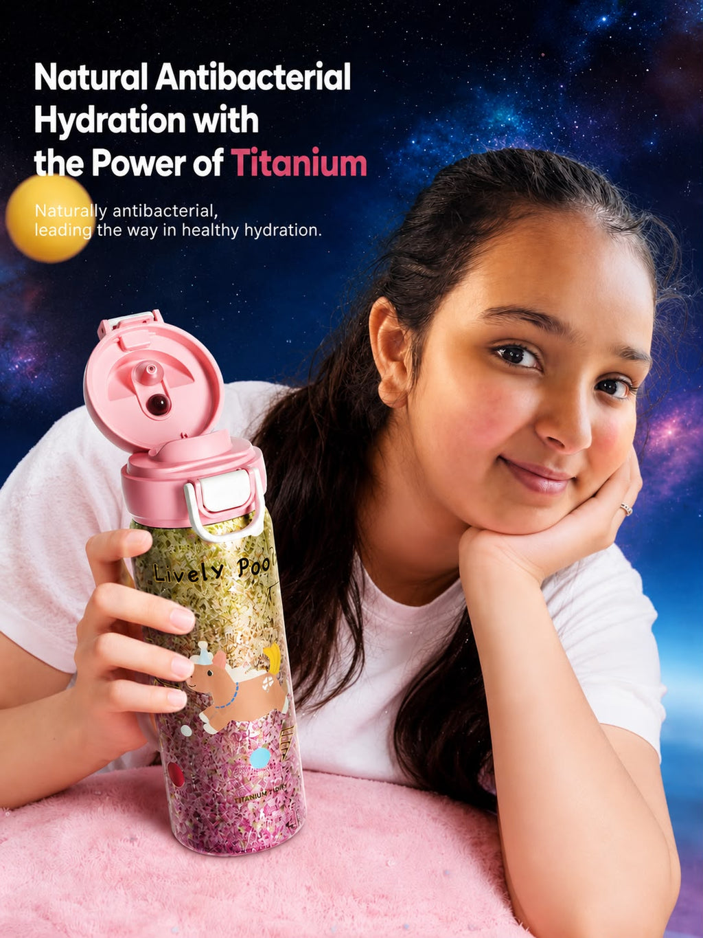 PURE Ti™ Kids Pure Titanium Water Bottle 550ml | 99.8% Pure Titanium Vacuum Insulated Flask | Leakproof Hot & Cold Thermal Bottle | Ultra-Light School/College Edition | Glitter Unicorn Design