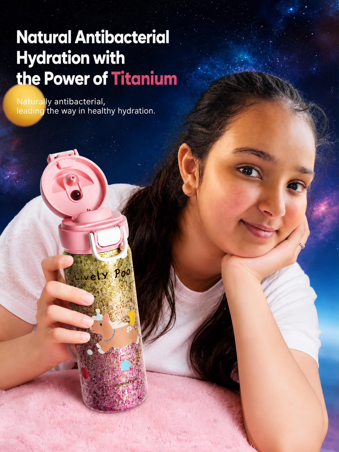 PURE Ti™ Kids Pure Titanium Water Bottle 550ml | 99.8% Pure Titanium Vacuum Insulated Flask | Leakproof Hot & Cold Thermal Bottle | Ultra-Light School/College Edition | Glitter Unicorn Design